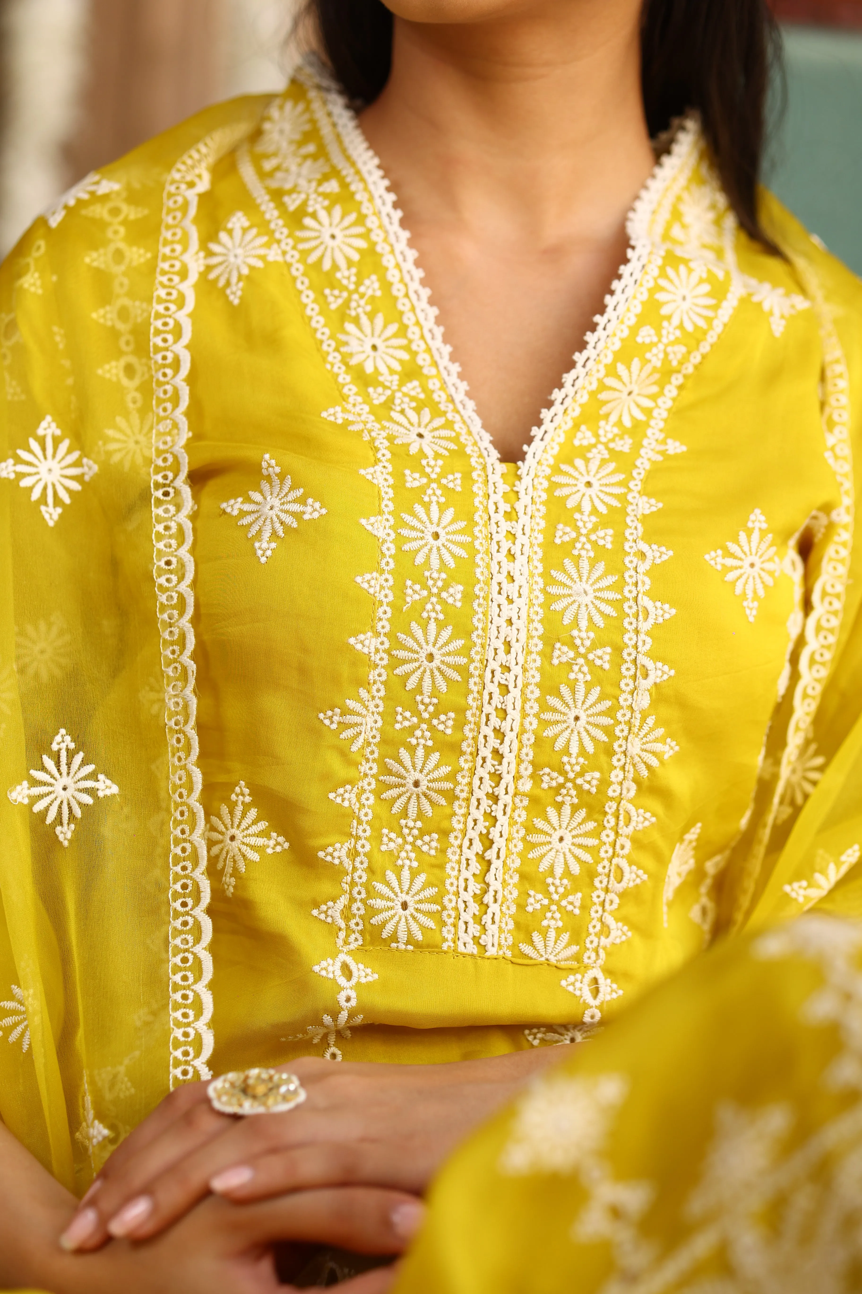 Corn Yellow Chikankari Organza Silk Kurta Set