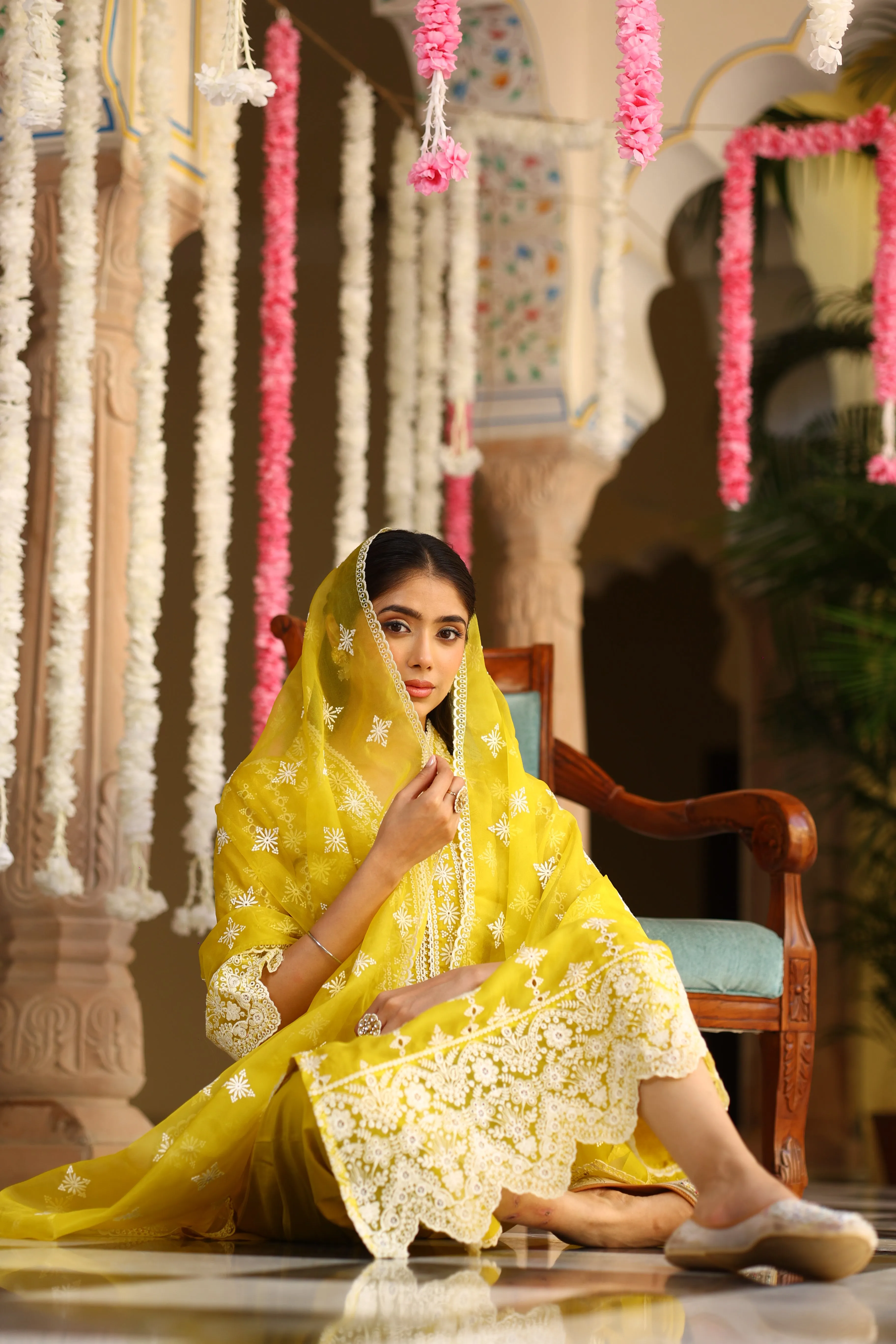 Corn Yellow Chikankari Organza Silk Kurta Set