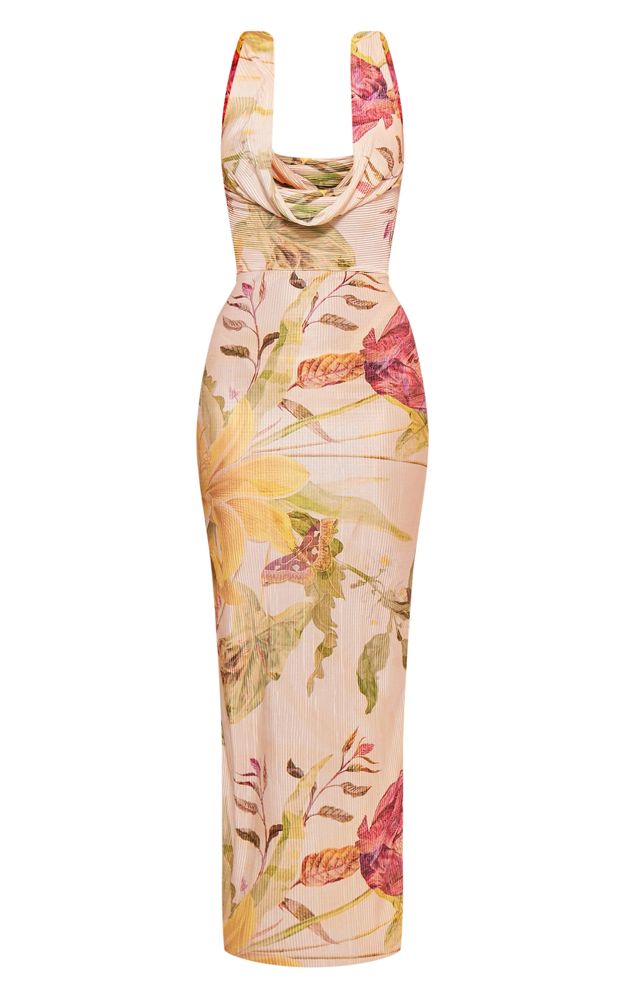 Cream Floral Print Plisse Cowl Plunge Maxi Dress