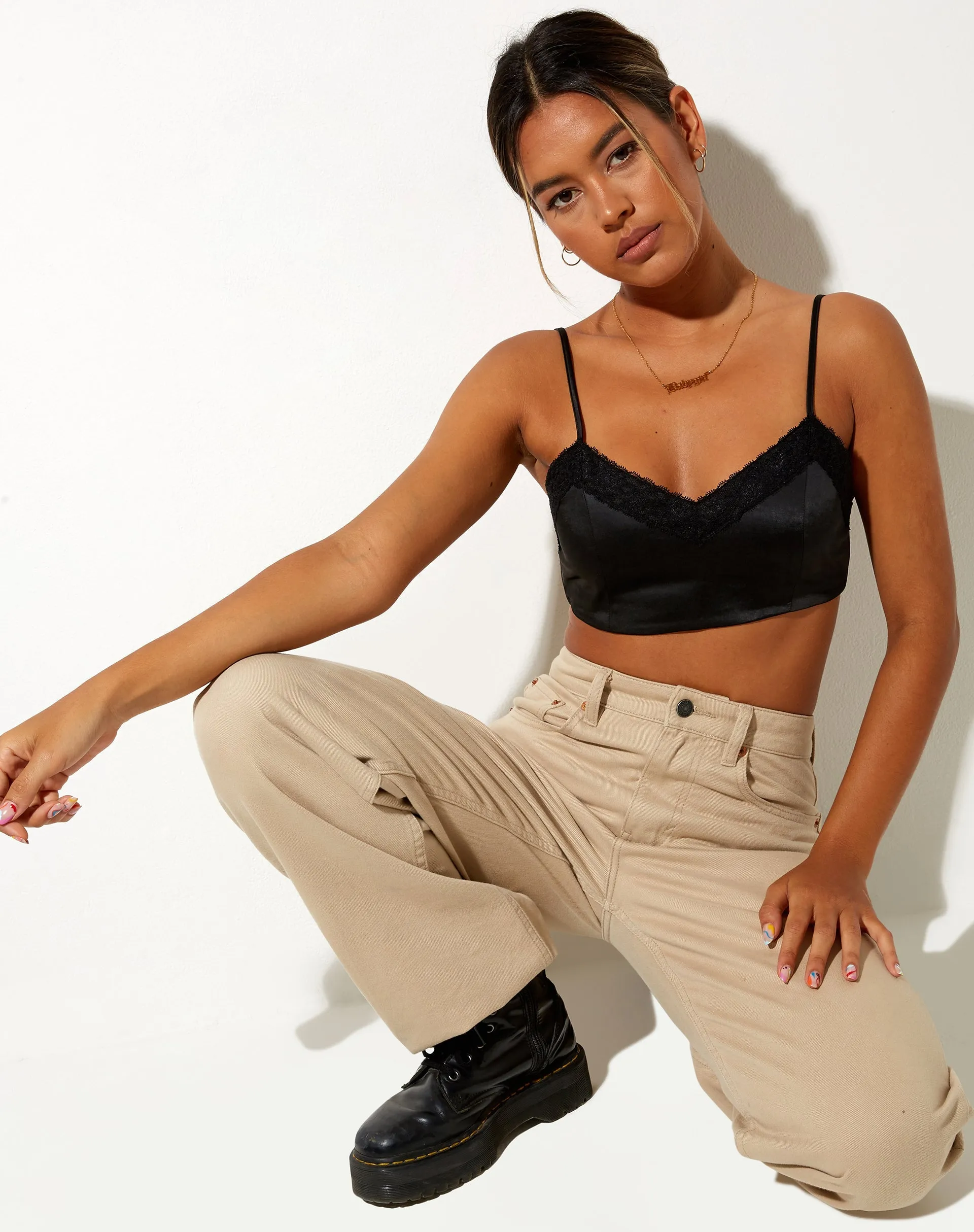 Dinie Crop Top in Satin Black