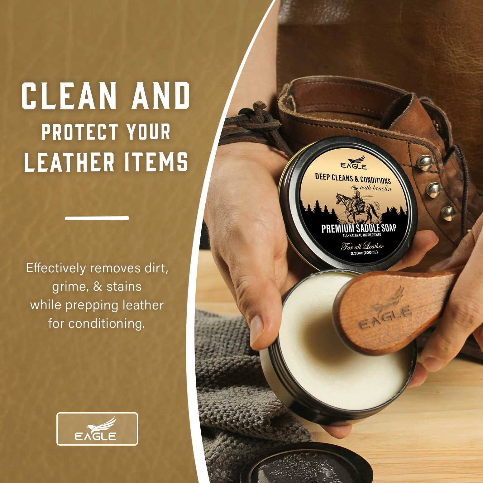 Eagle Mink Oil & Saddle Soap Leather Boot Care Kit- Leather Shoe & Boot Cleaning Kit with 2 Applicator & Cloth, 5 Pieces Leather Care Kit | Soften, Protect & Restore for Shoes, Boots, Purses & more.