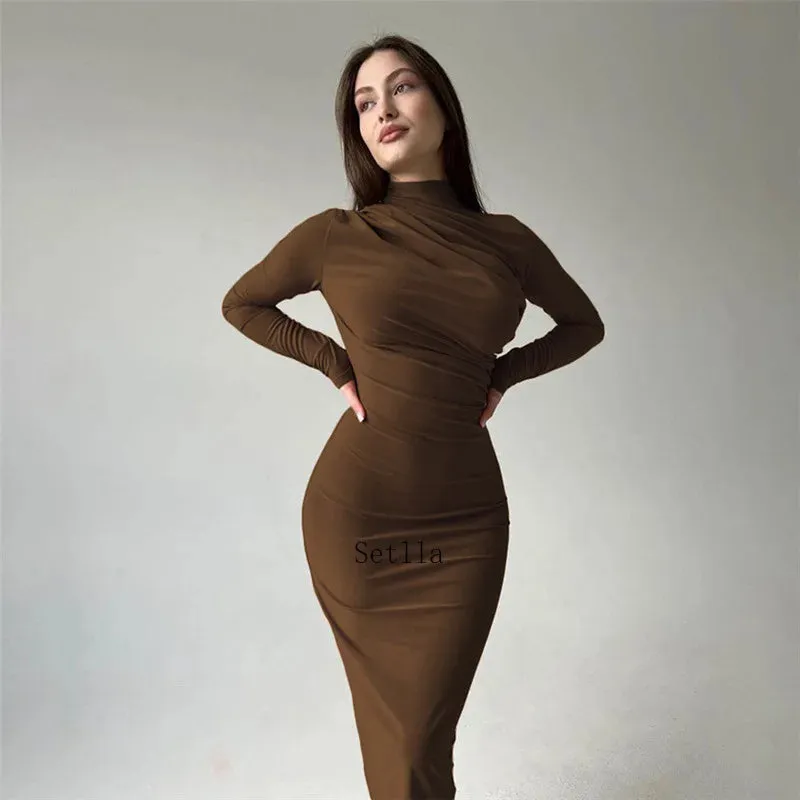 Elegant Autumn Ruched Long Slinky Midi Dress for Birthday