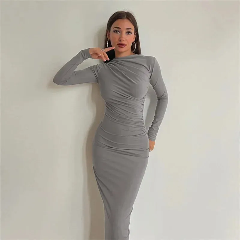 Elegant Autumn Ruched Long Slinky Midi Dress for Birthday