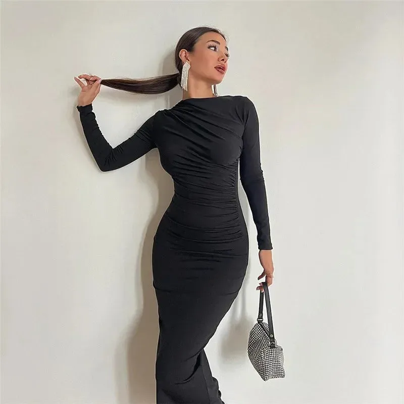 Elegant Autumn Ruched Long Slinky Midi Dress for Birthday