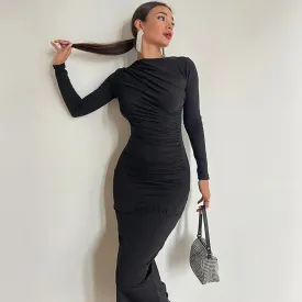 Elegant Autumn Ruched Long Slinky Midi Dress for Birthday