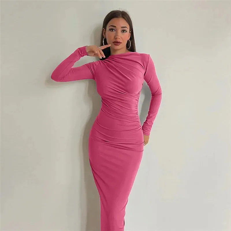 Elegant Autumn Ruched Long Slinky Midi Dress for Birthday