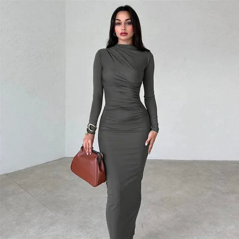 Elegant Autumn Ruched Long Slinky Midi Dress for Birthday