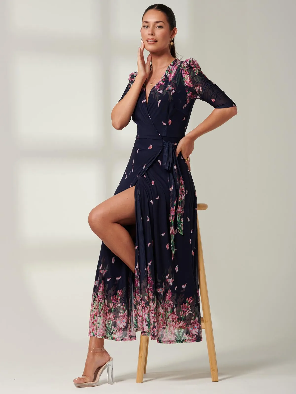 Elkana Mirrored Floral Mesh Maxi Dress, Navy Multi