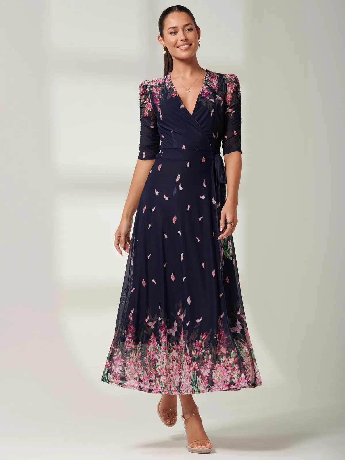 Elkana Mirrored Floral Mesh Maxi Dress, Navy Multi