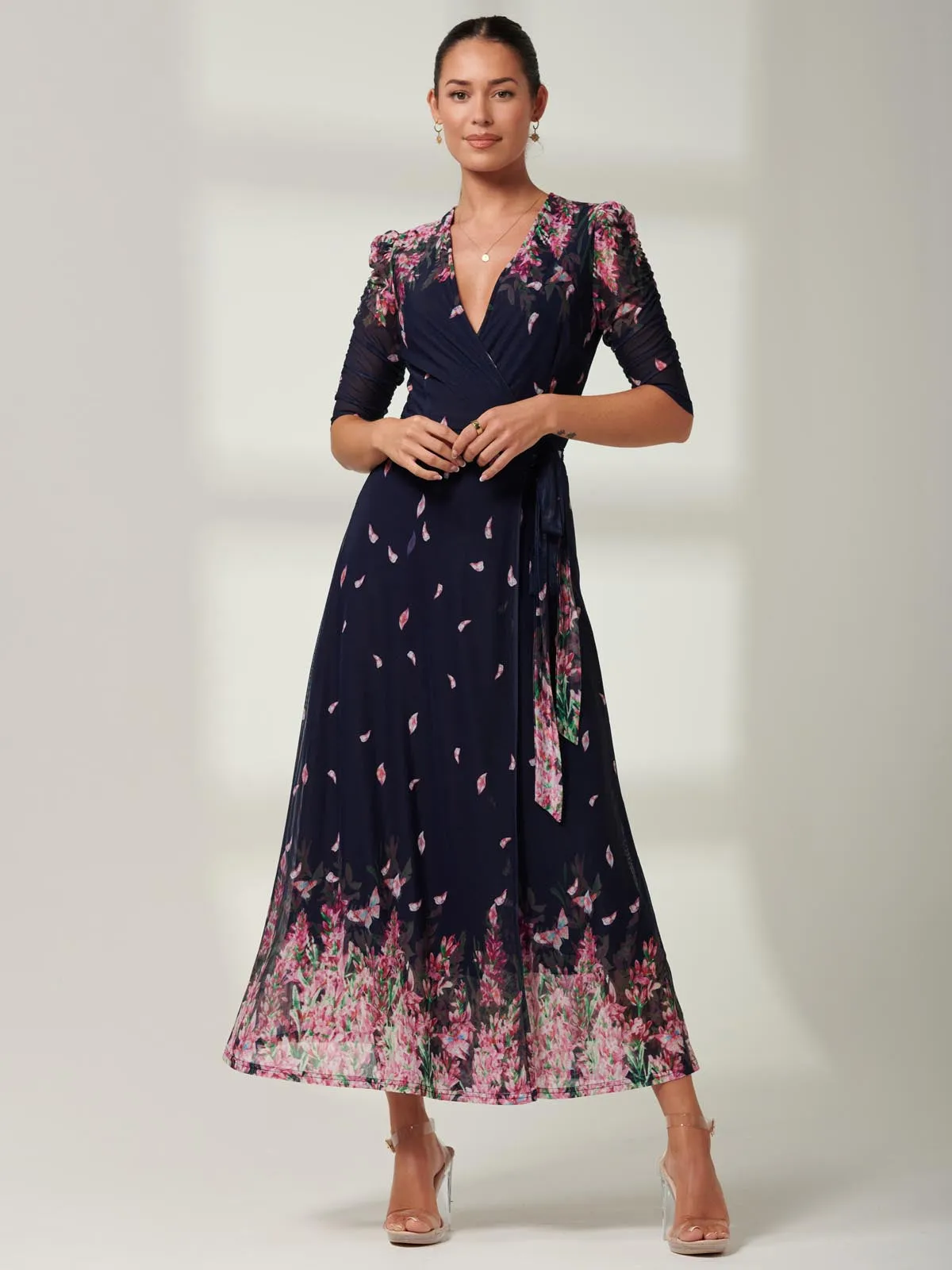 Elkana Mirrored Floral Mesh Maxi Dress, Navy Multi