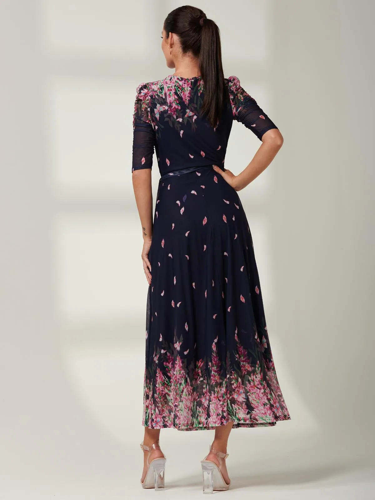 Elkana Mirrored Floral Mesh Maxi Dress, Navy Multi