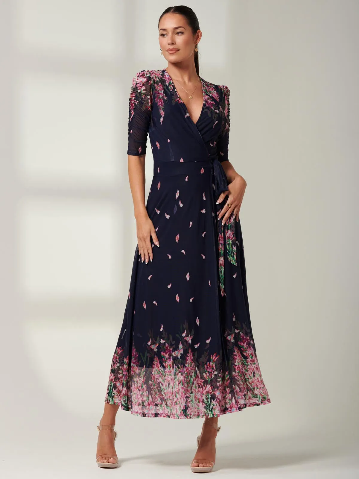 Elkana Mirrored Floral Mesh Maxi Dress, Navy Multi