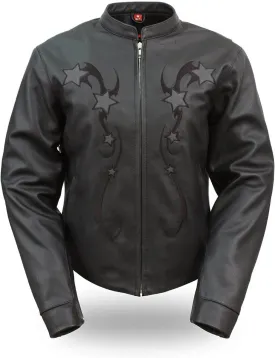 First Manufacturing FIL180CSZ Women's Black Sporty Scooter Leather Jacket with Reflective Stars