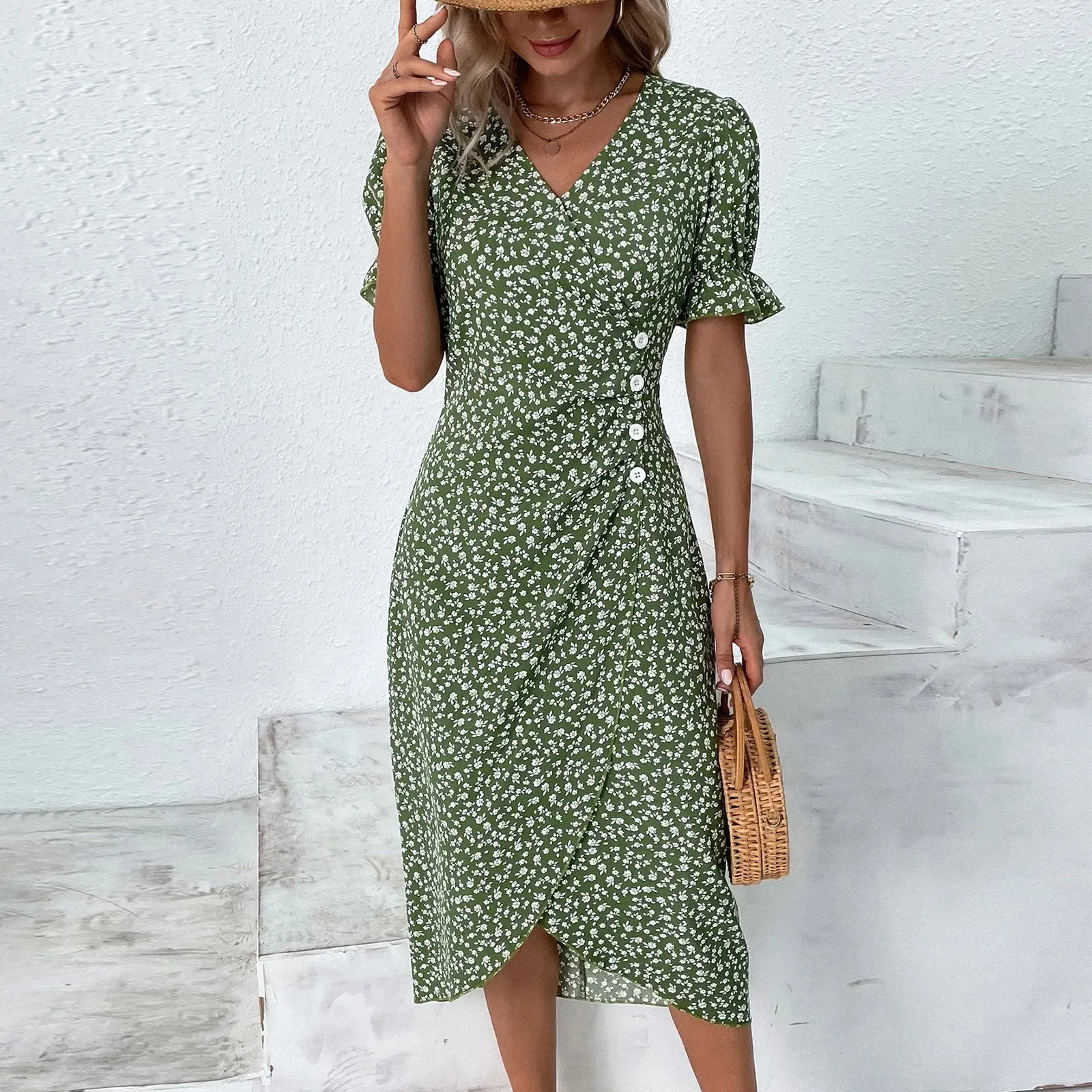 Floral Print Boho Ruffles Sleeve Wrap V-neck Split Party Midi Dress