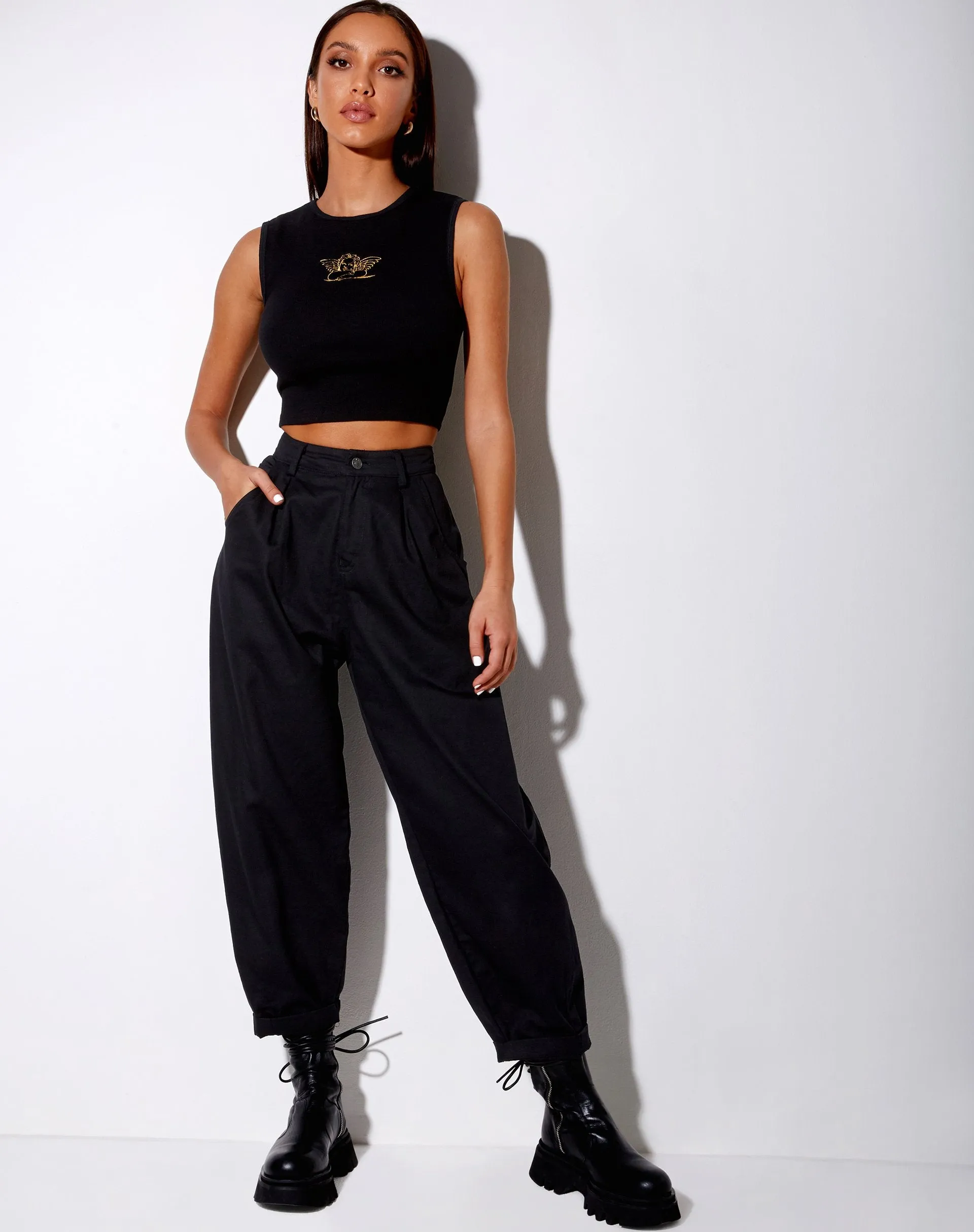 Gimon Crop Top in Rib Black Angelo Embro