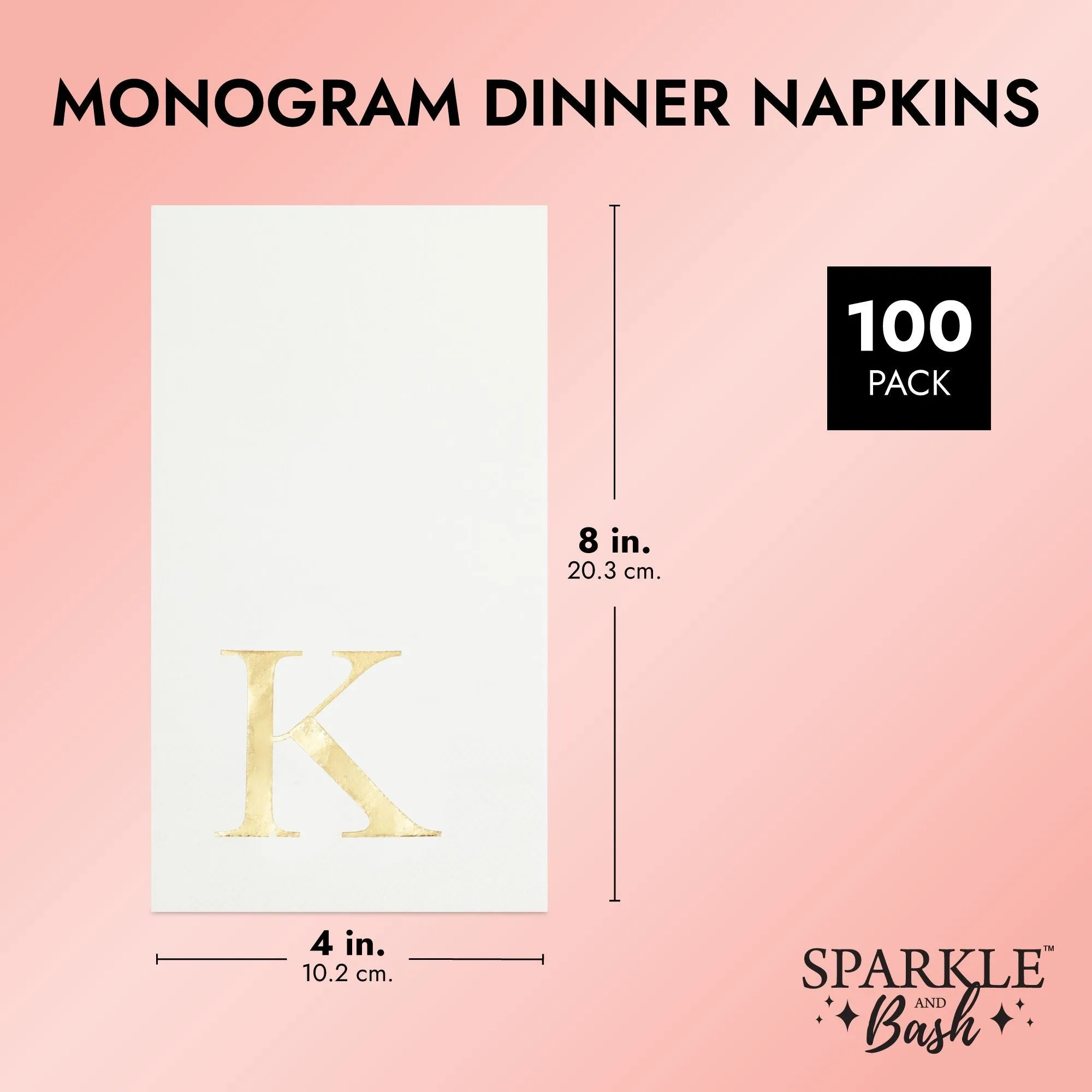 Gold Foil Initial Letter K White Monogram Paper Napkins (4 x 8 In, 100 Pack)