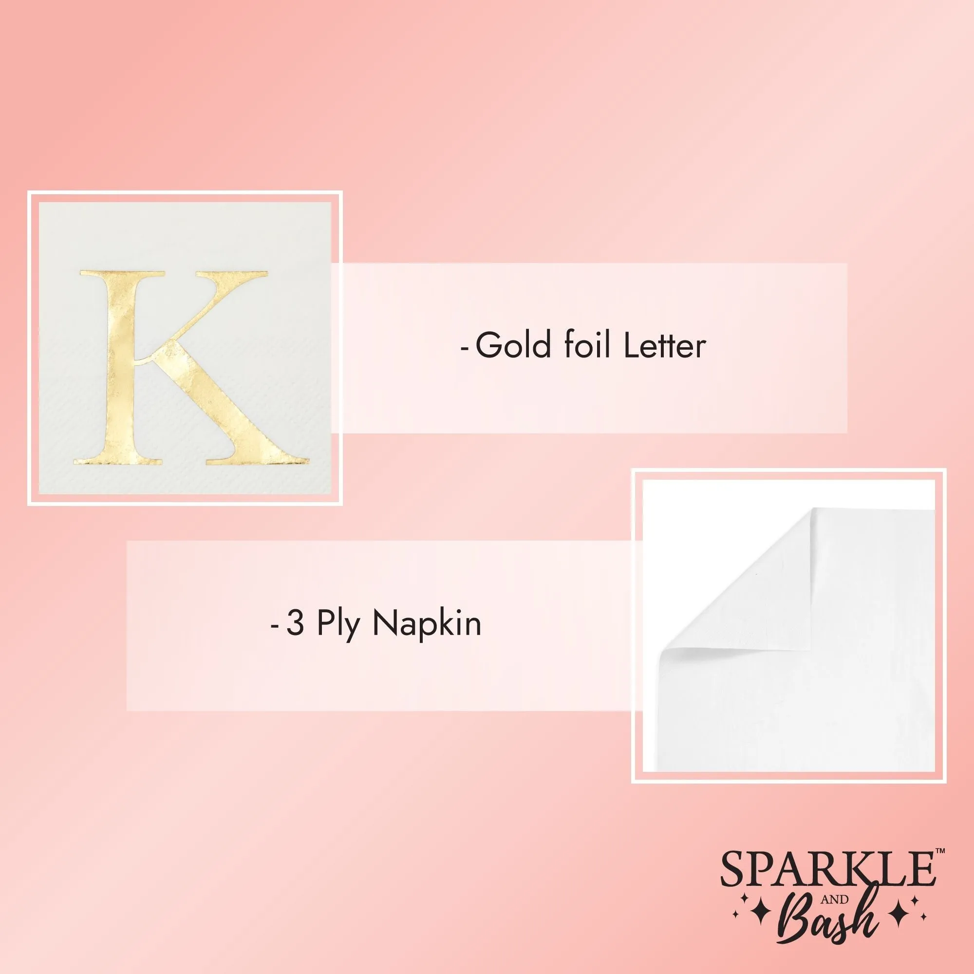 Gold Foil Initial Letter K White Monogram Paper Napkins (4 x 8 In, 100 Pack)