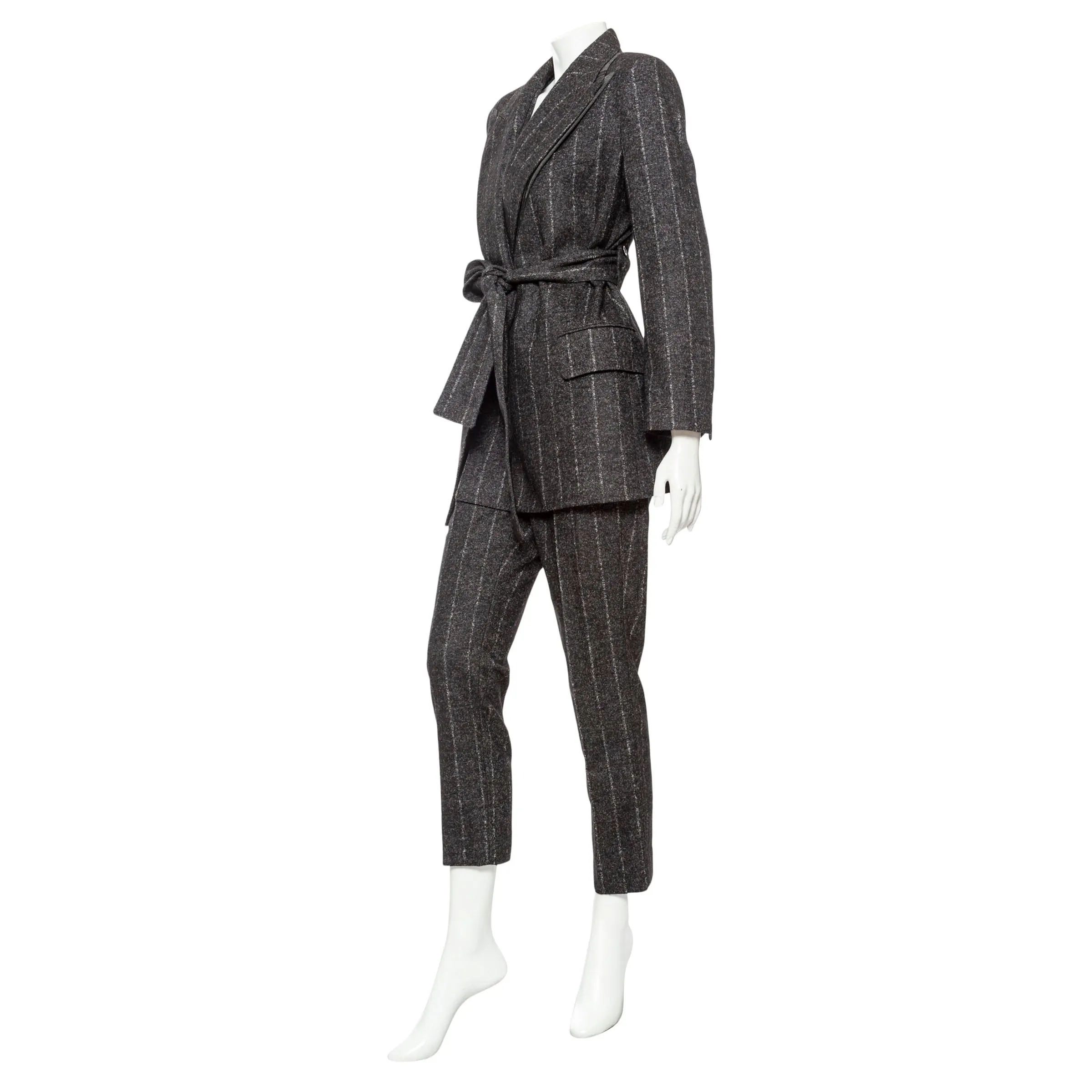 Gray Wool-Blend Pinstriped Belted Suit