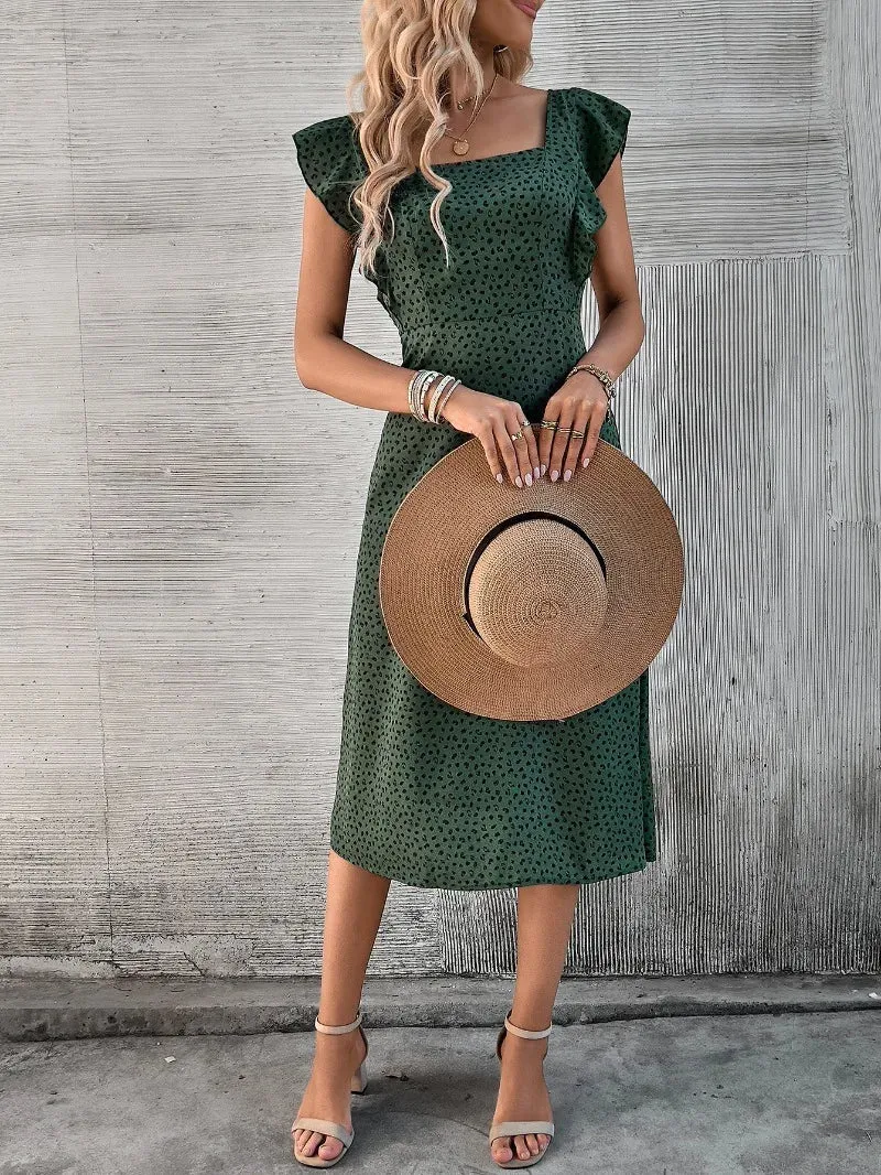 High Waist Zip Square Neck Ruffle Sleeve Midi Dress