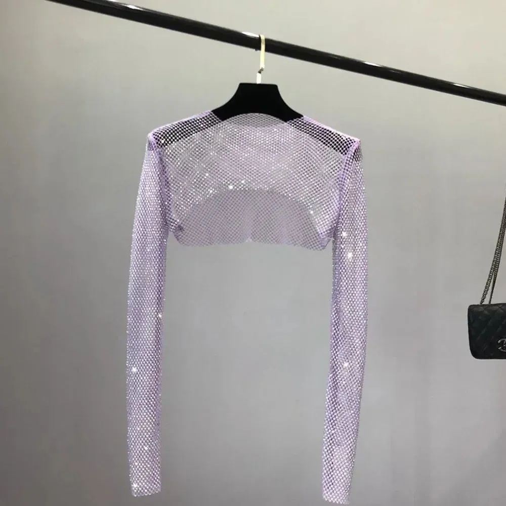 Hot Long-sleeved Asymmetric Hollow Diamond Sexy Ironing Femme Mesh Girl Shrug See-through Beach Crop Top