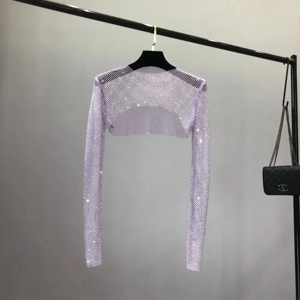 Hot Long-sleeved Asymmetric Hollow Diamond Sexy Ironing Femme Mesh Girl Shrug See-through Beach Crop Top