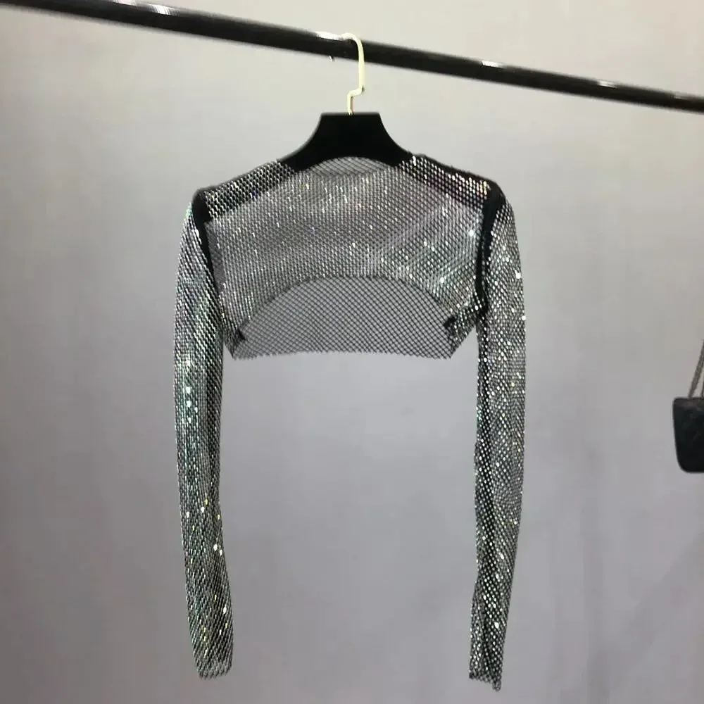 Hot Long-sleeved Asymmetric Hollow Diamond Sexy Ironing Femme Mesh Girl Shrug See-through Beach Crop Top