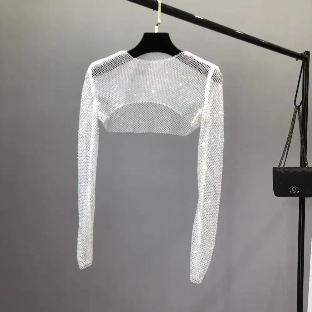 Hot Long-sleeved Asymmetric Hollow Diamond Sexy Ironing Femme Mesh Girl Shrug See-through Beach Crop Top