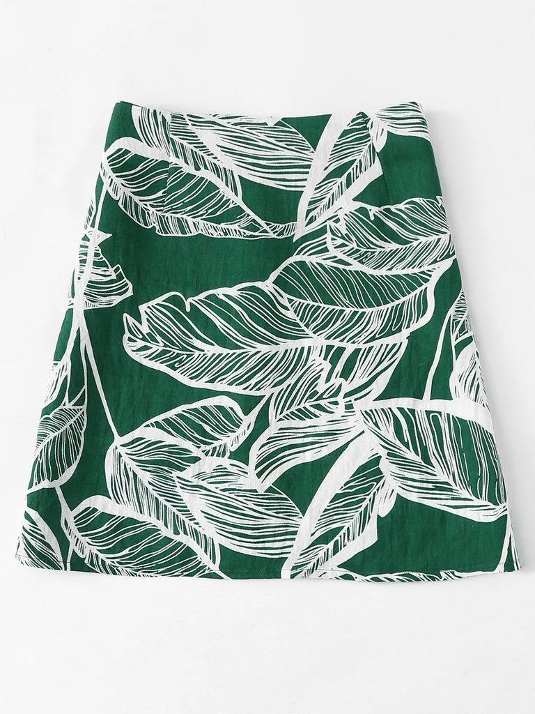 Leaves Print Button Front Skirt