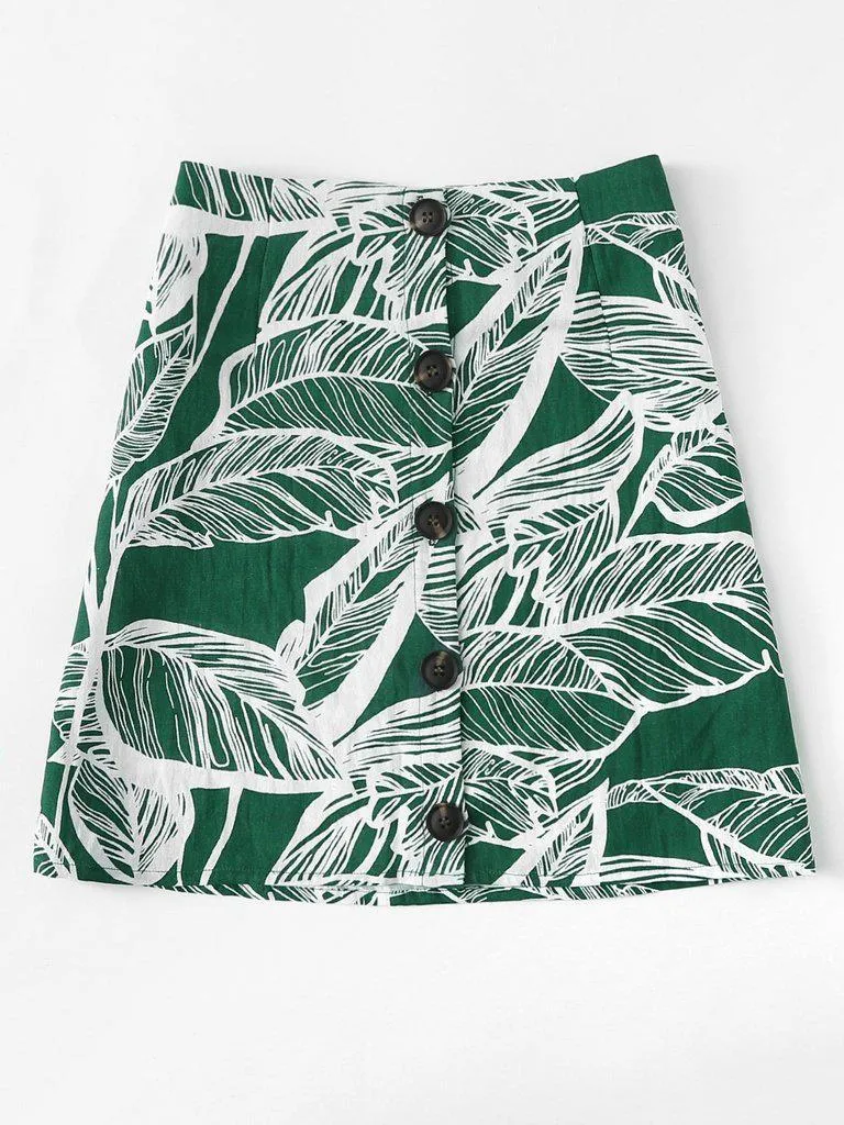 Leaves Print Button Front Skirt