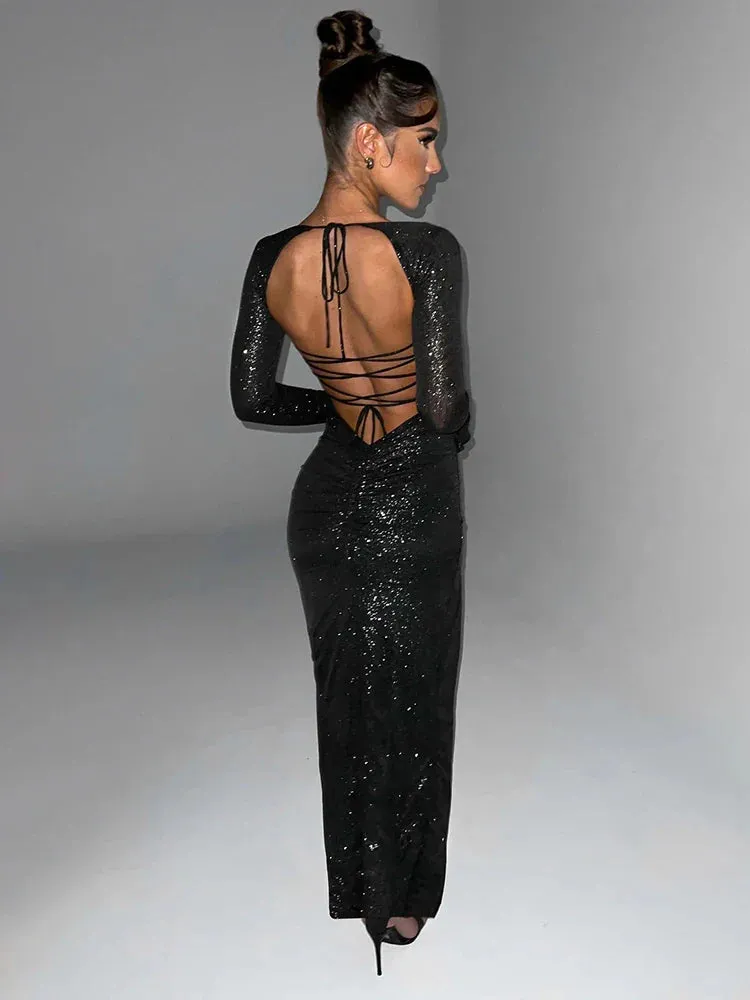 Long Autumn Winter Strapless High Split Nightclub Backless Slim Bodycon Midi Dress