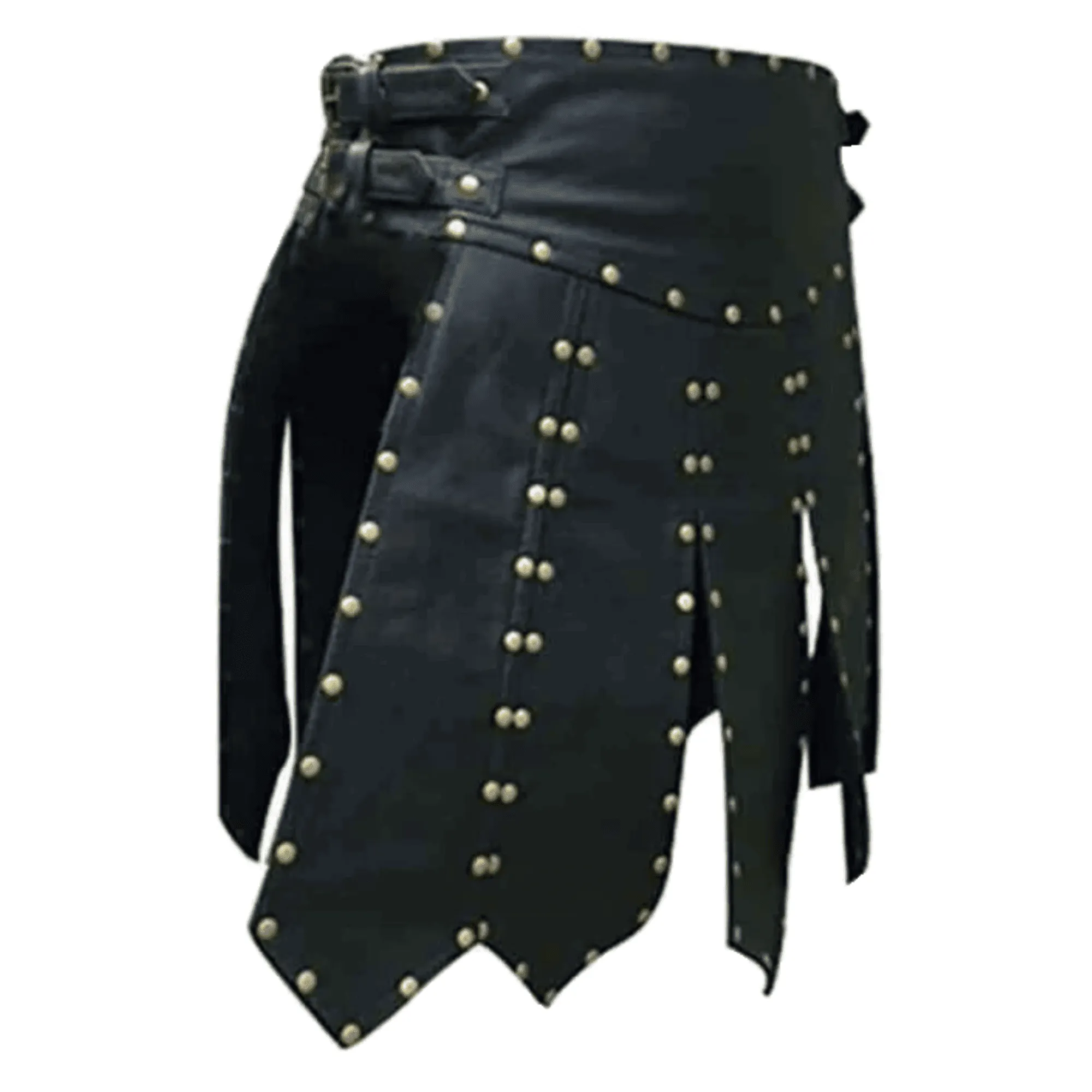 Mens Black Leather Kilt with Stud Pleated