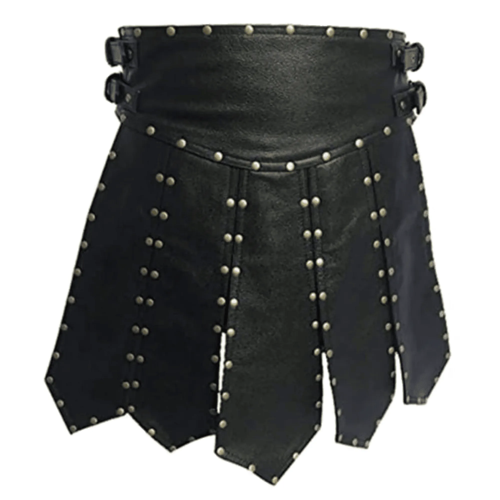 Mens Black Leather Kilt with Stud Pleated