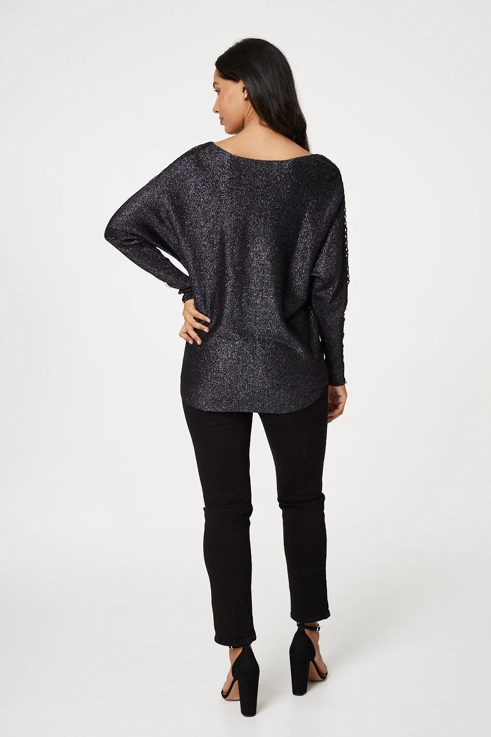 Metallic Lace Sleeve Knit Pullover