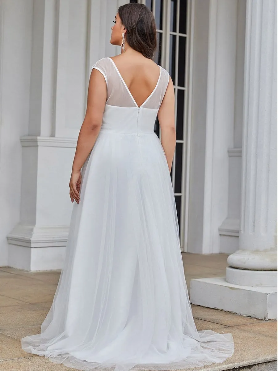 Plus Size Sleeveless V-Neck Tulle Simple Wedding Dress