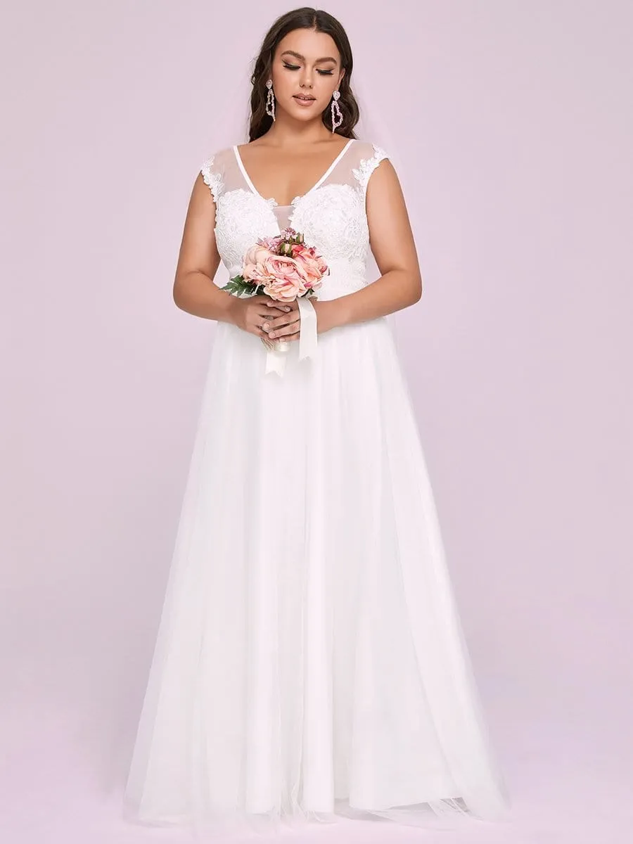 Plus Size Sleeveless V-Neck Tulle Simple Wedding Dress