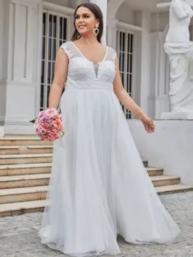 Plus Size Sleeveless V-Neck Tulle Simple Wedding Dress