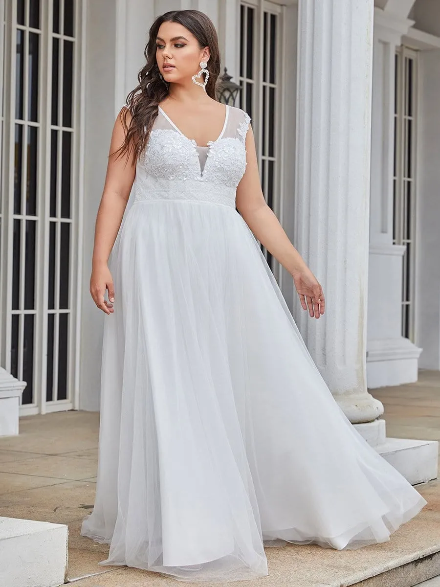 Plus Size Sleeveless V-Neck Tulle Simple Wedding Dress