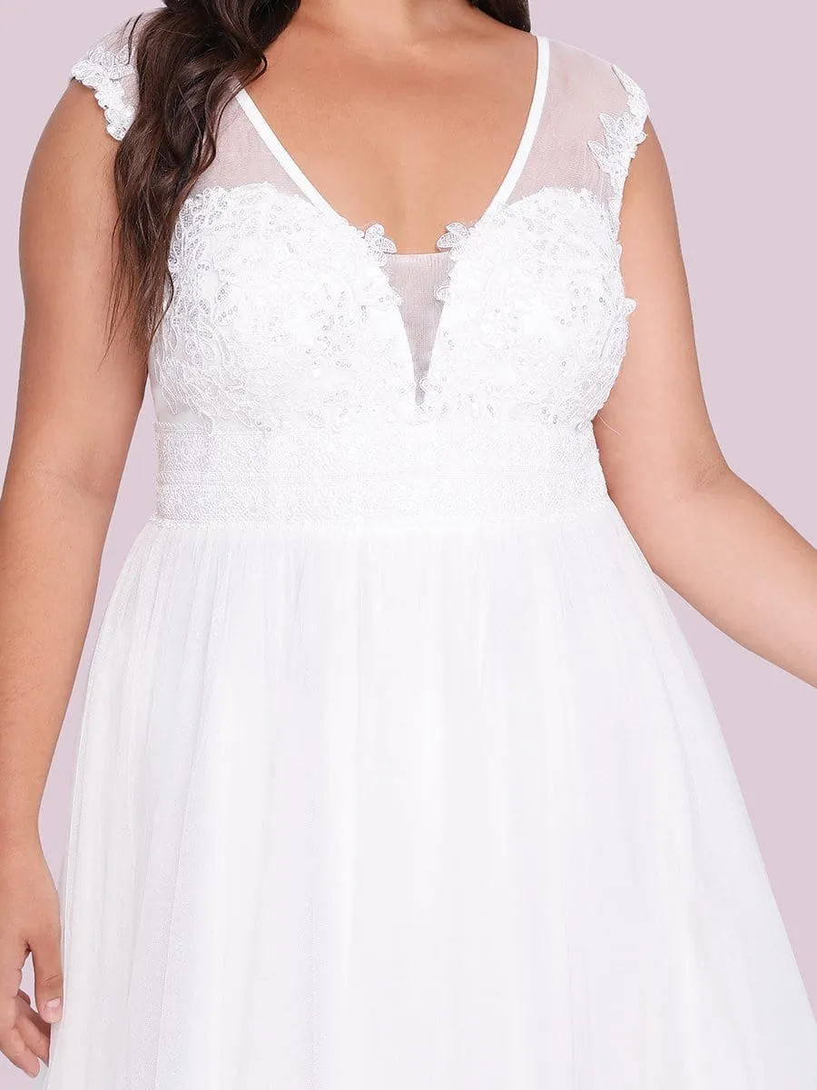 Plus Size Sleeveless V-Neck Tulle Simple Wedding Dress