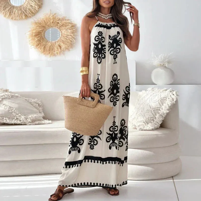 Printed Party Fashion Sleeveless Off Shoulder Sexy Halter Floral Bohemian Dress