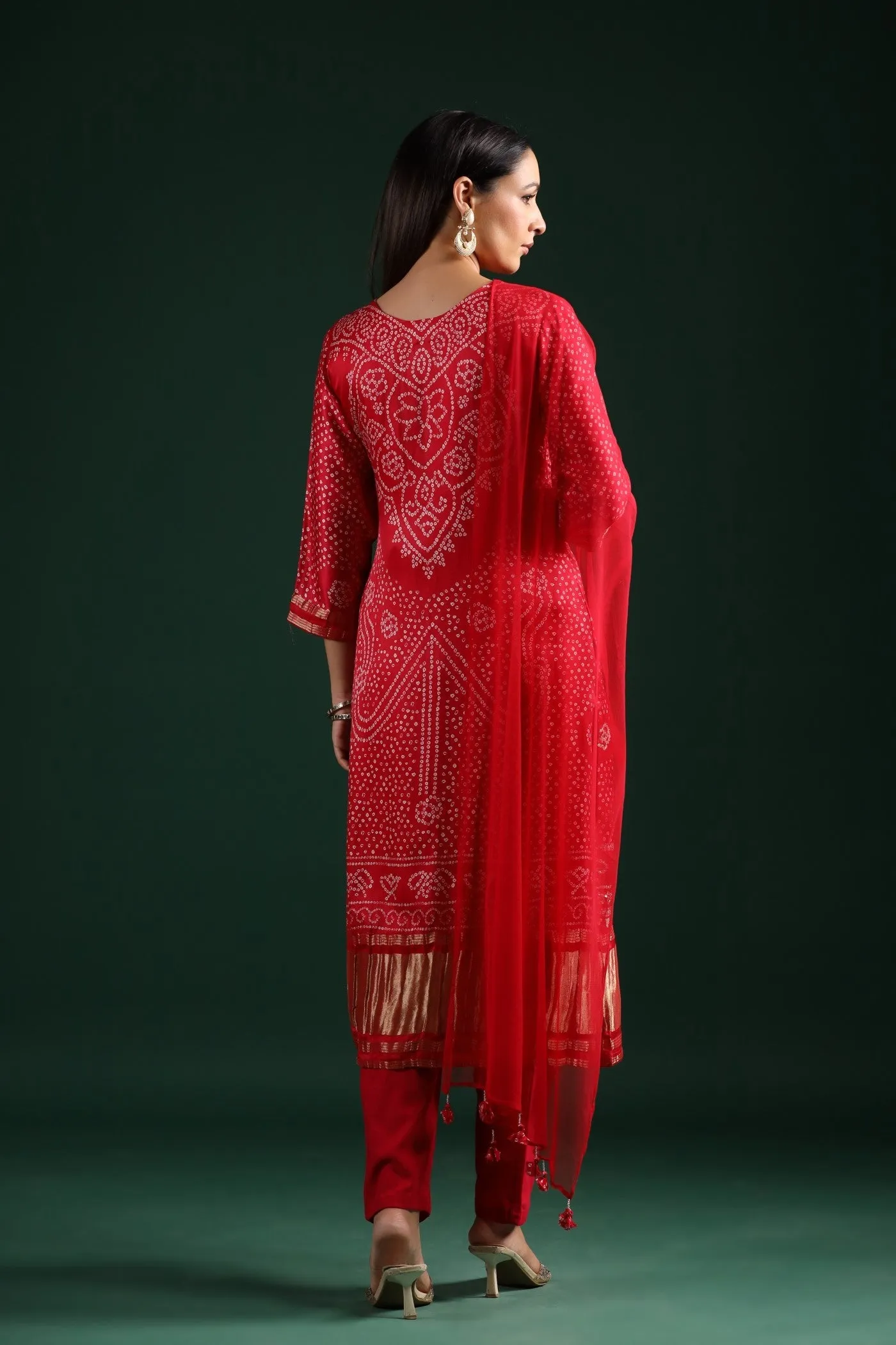 Red Bandhani Embroidered Kurta Set