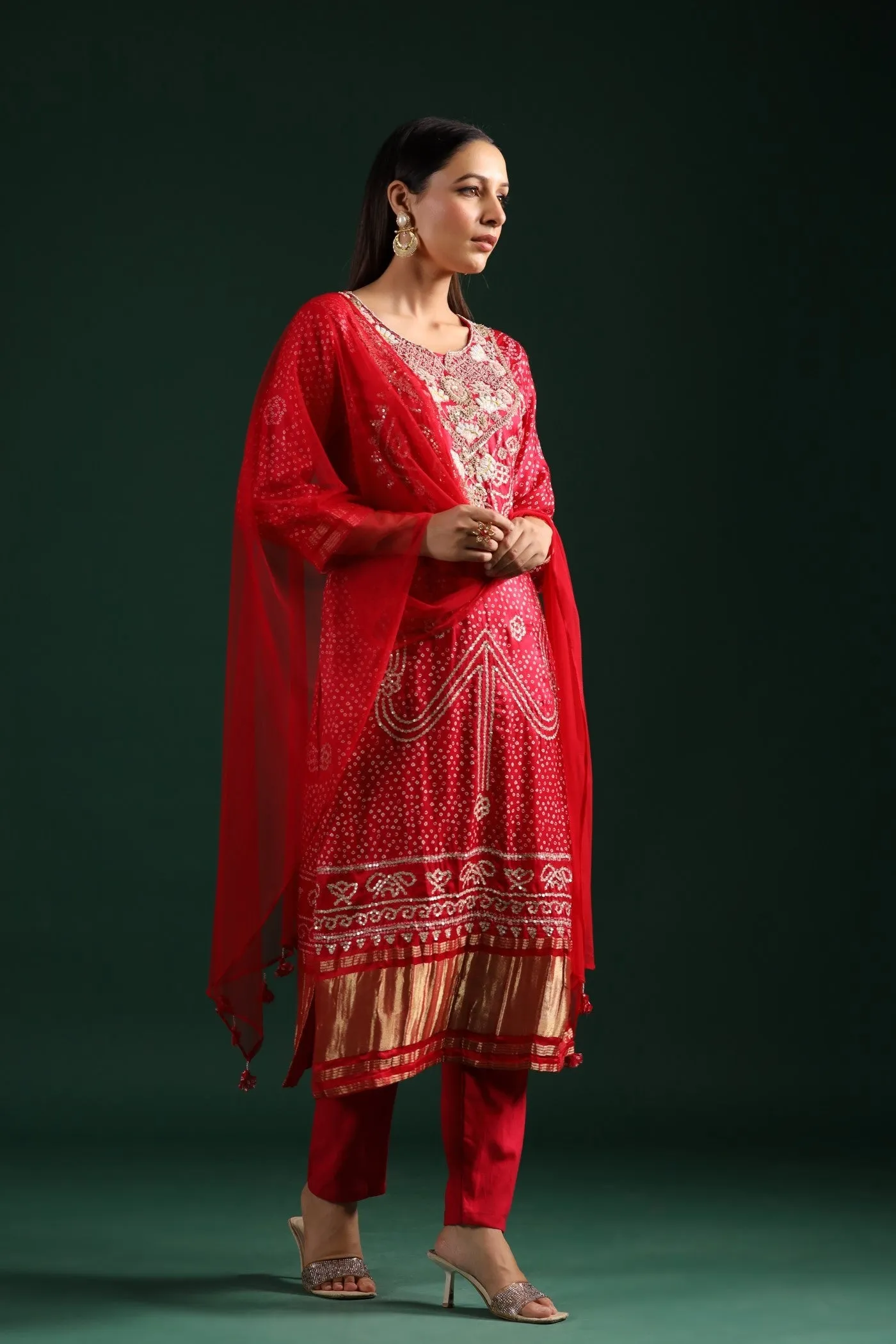 Red Bandhani Embroidered Kurta Set