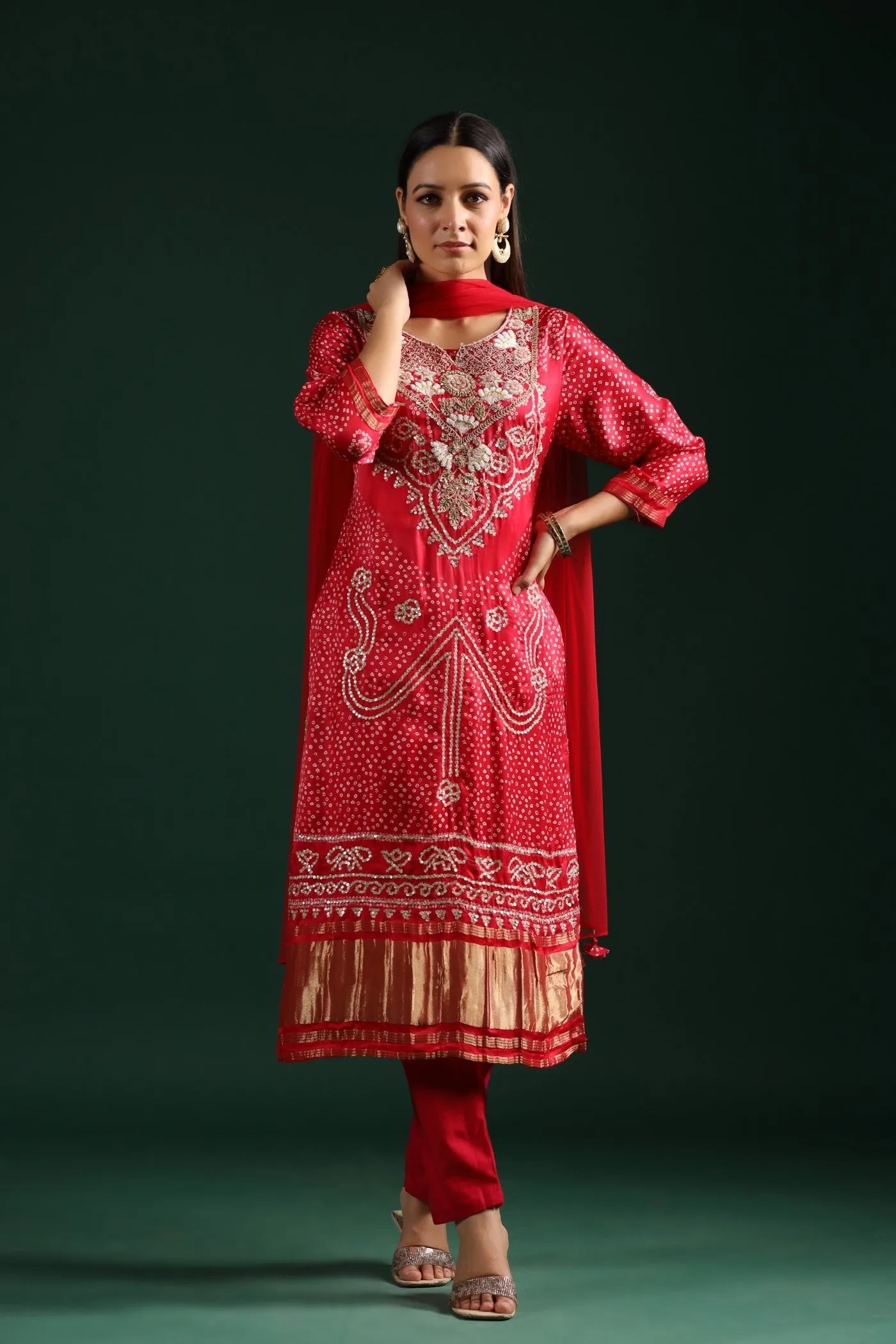 Red Bandhani Embroidered Kurta Set