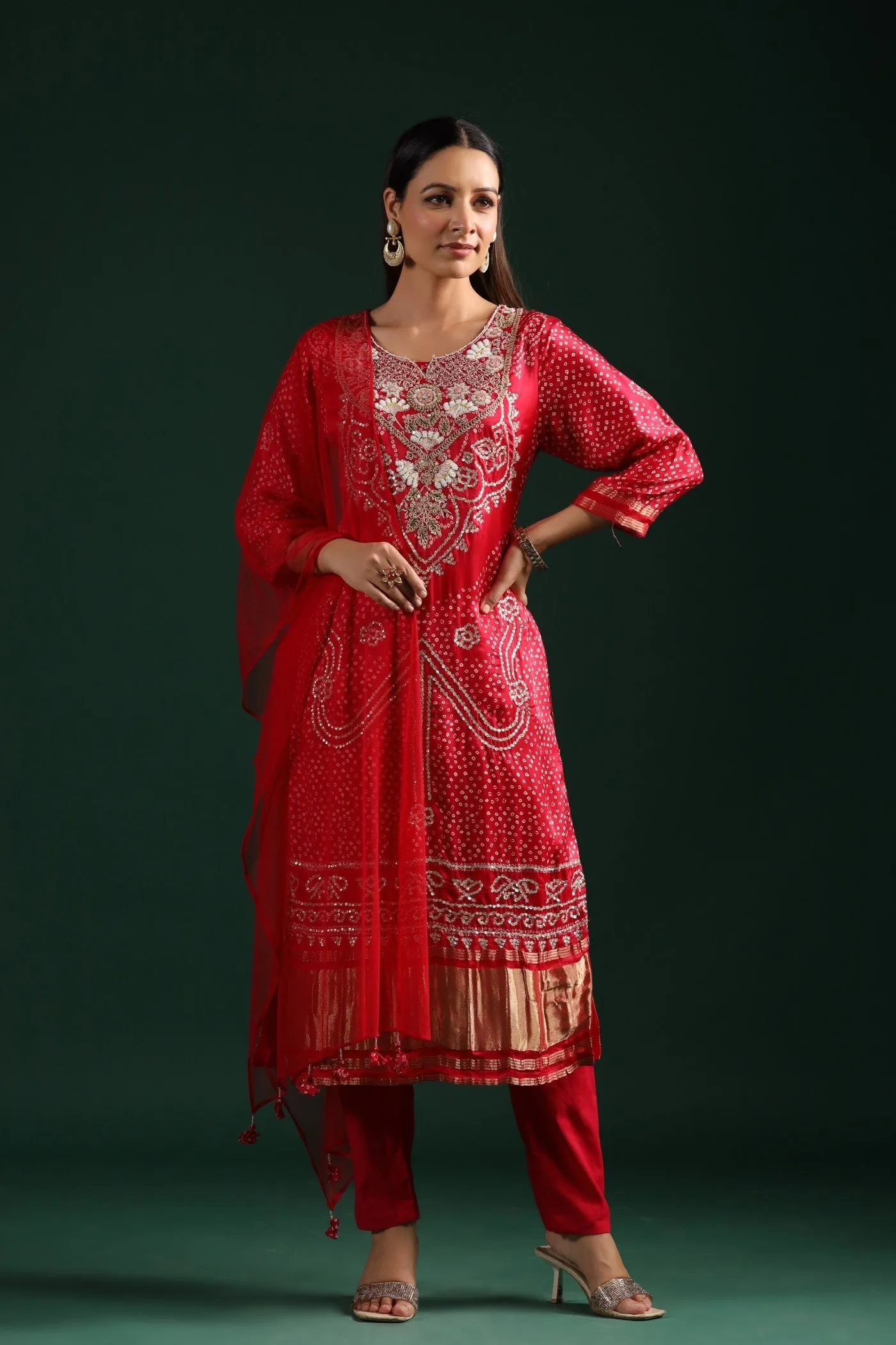 Red Bandhani Embroidered Kurta Set