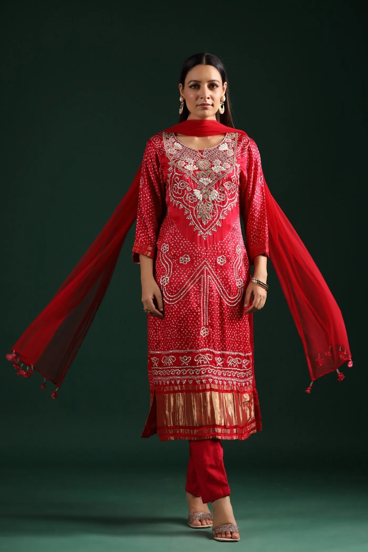 Red Bandhani Embroidered Kurta Set