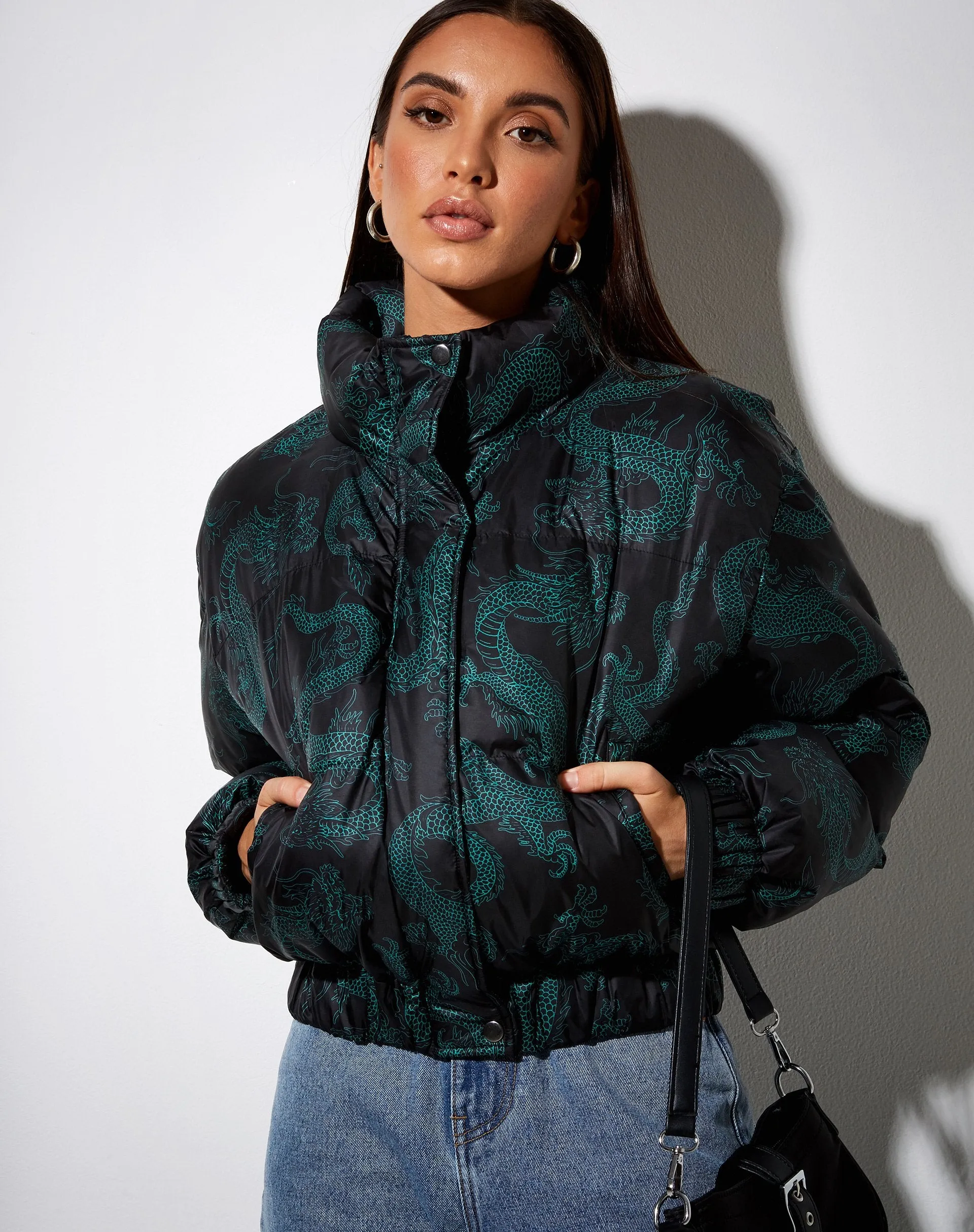 Rohos Puffer Jacket in Dragon Flower Black and Mint