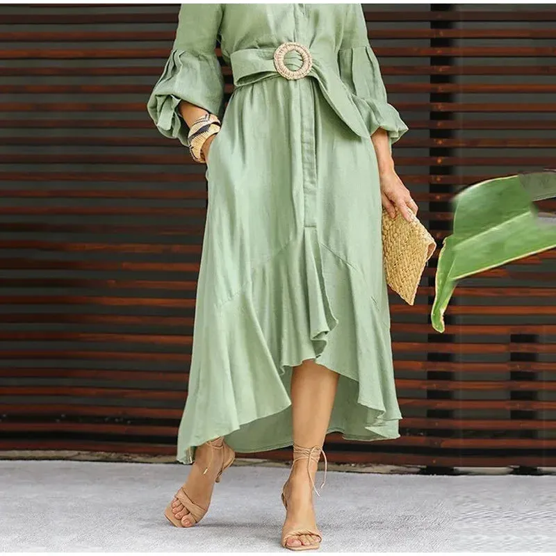 Ruffle Solid Women's Shirt Casual V Neck Lantern Sleeve With Pocket Long Skirt Spring Lady Streetwear Midi Dress