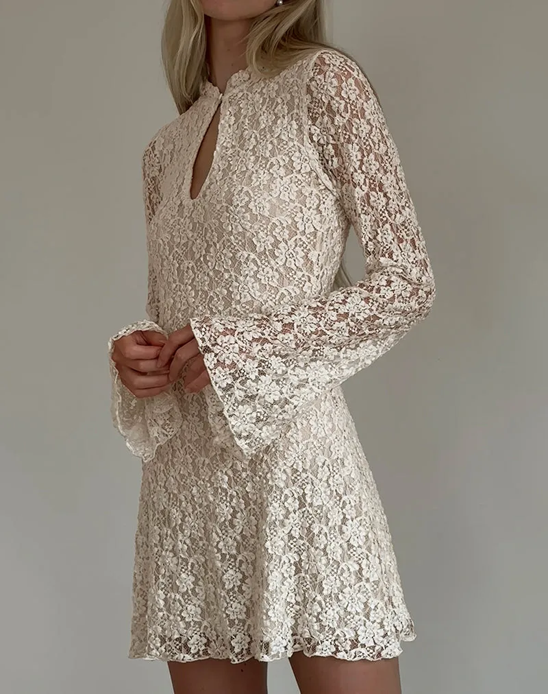 Silvanna Long Sleeve Keyhole Mini Dress in Lace Ivory