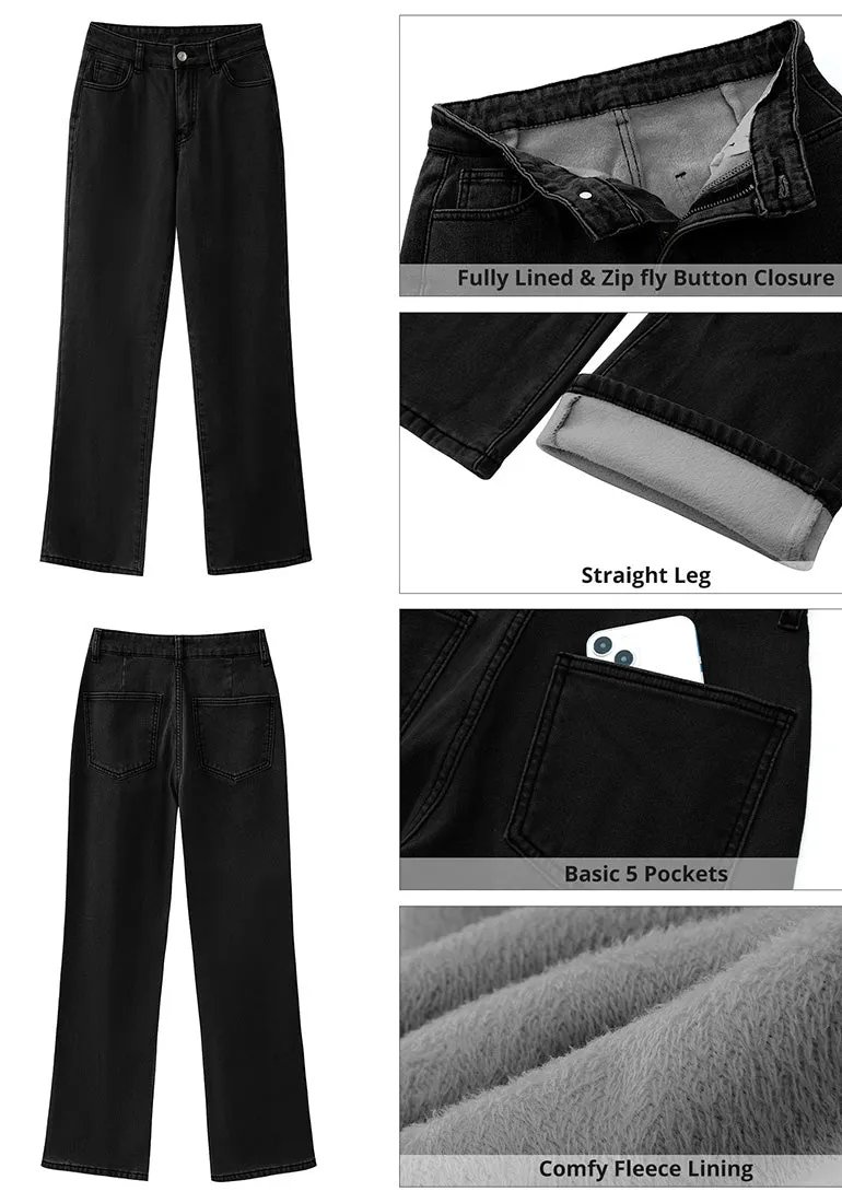 Soft Black Women's Baggy Denim High Waisted Straight Leg Fleece Lined Winter Pants