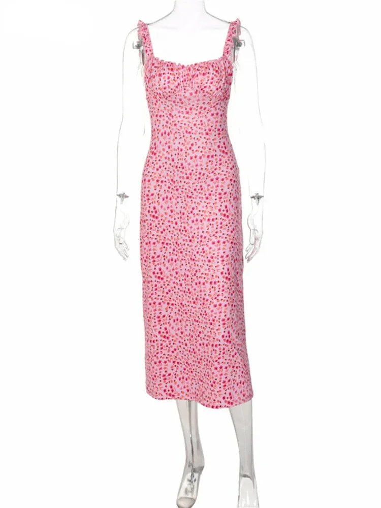 Summer Beach Elegant Women's Casual Pink Strap Print Floral Ruched Party Sexy Club Midi Dress