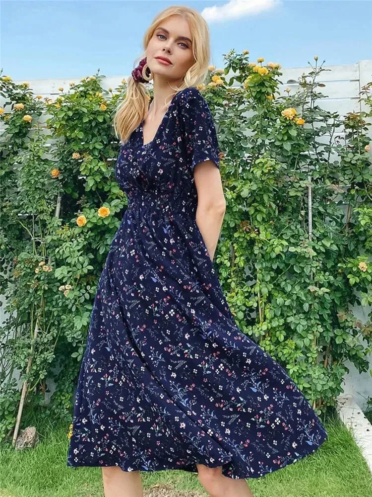 Summer Floral Blue Sleeveless Midi Dress